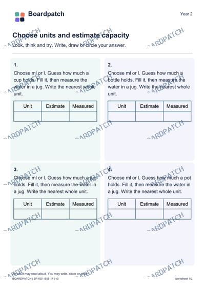 Worksheet preview: Choose units and estimate capacity