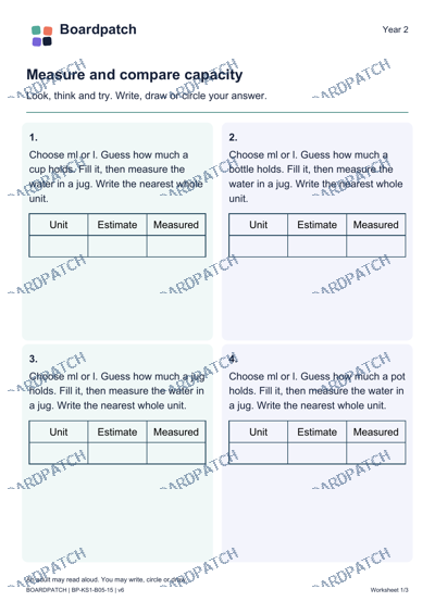 Worksheet preview: Measure and compare capacity