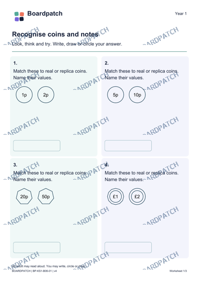 Worksheet preview: Recognise coins and notes