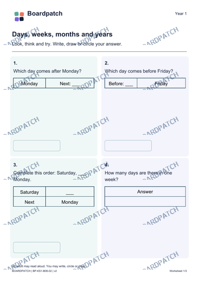 Worksheet preview: Days, weeks, months and years