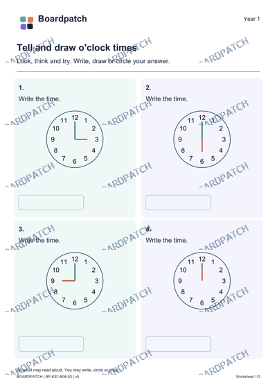 Worksheet preview: Tell and draw o'clock times