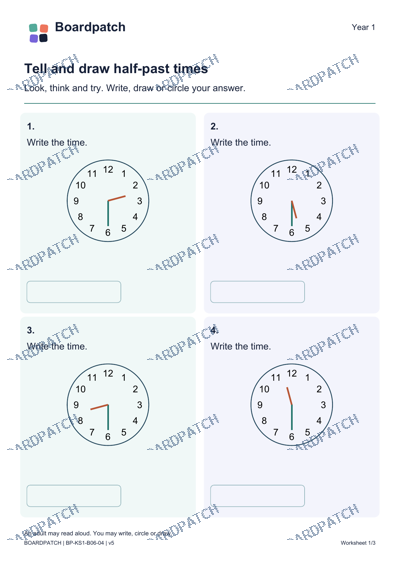 Worksheet preview: Tell and draw half-past times