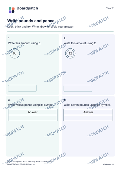 Worksheet preview: Write pounds and pence