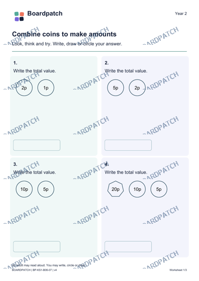 Worksheet preview: Combine coins to make amounts