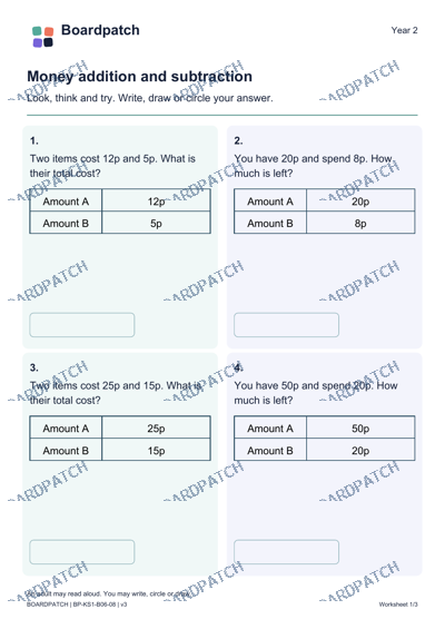 Worksheet preview: Money addition and subtraction
