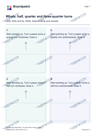 Worksheet preview: Whole, half, quarter and three-quarter turns