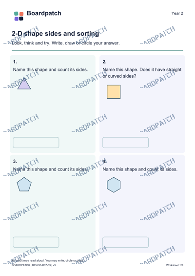 Worksheet preview: 2-D shape sides and sorting