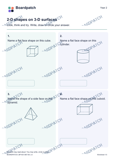 Worksheet preview: 2-D shapes on 3-D surfaces