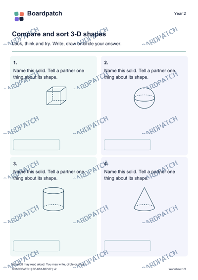 Worksheet preview: Compare and sort 3-D shapes