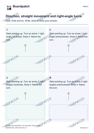 Worksheet preview: Direction, straight movement and right-angle turns