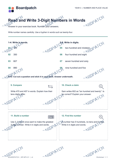 Worksheet preview: Read and Write 3-Digit Numbers in Words