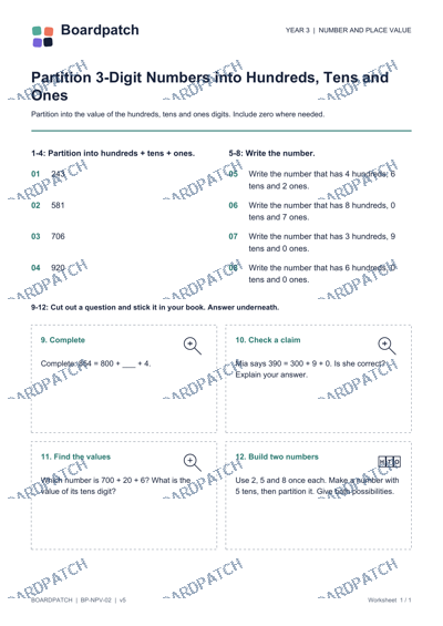 Worksheet preview: Partition 3-Digit Numbers into Hundreds, Tens and Ones