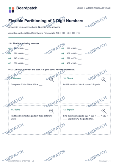 Worksheet preview: Flexible Partitioning of 3-Digit Numbers