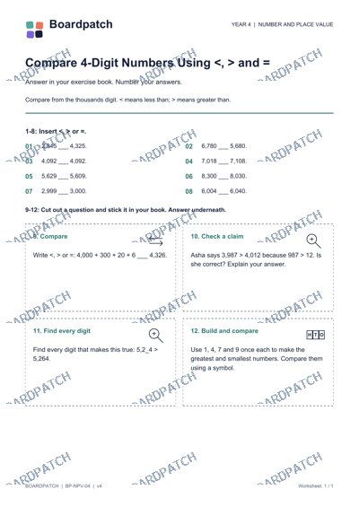 Worksheet preview: Compare 4-Digit Numbers Using <, > and =