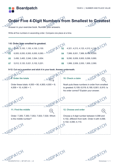 Worksheet preview: Order Five 4-Digit Numbers from Smallest to Greatest