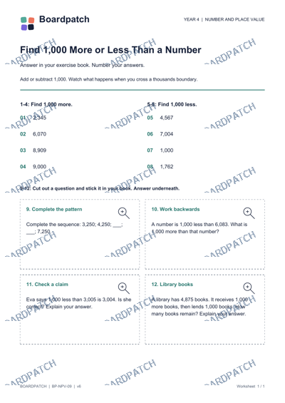 Worksheet preview: Find 1,000 More or Less Than a Number
