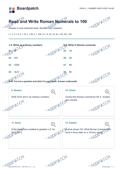 Worksheet preview: Read and Write Roman Numerals to 100