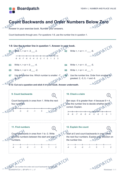 Worksheet preview: Count Backwards and Order Numbers Below Zero