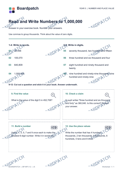 Worksheet preview: Read and Write Numbers to 1,000,000