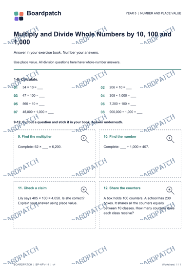 Worksheet preview: Multiply and Divide Whole Numbers by 10, 100 and 1,000