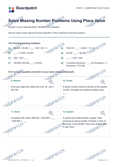 Worksheet preview: Solve Missing Number Problems Using Place Value