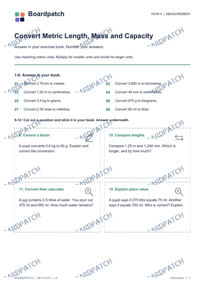 Worksheet preview: Convert Metric Length, Mass and Capacity