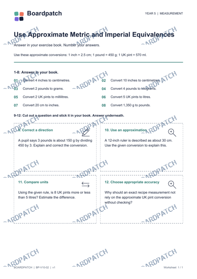 Worksheet preview: Use Approximate Metric and Imperial Equivalences