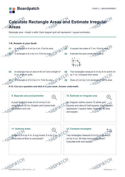 Worksheet preview: Calculate Rectangle Areas and Estimate Irregular Areas