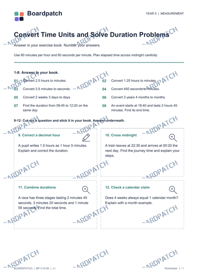 Worksheet preview: Convert Time Units and Solve Duration Problems