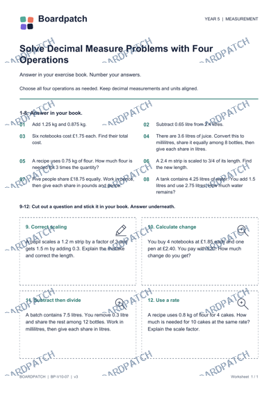 Worksheet preview: Solve Decimal Measure Problems with Four Operations