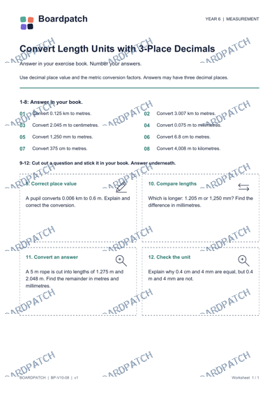 Worksheet preview: Convert Length Units with 3-Place Decimals
