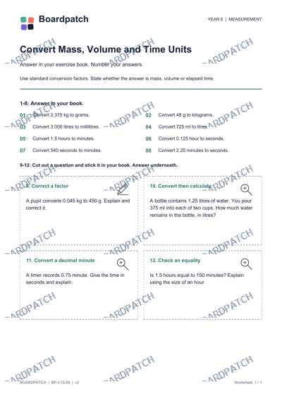 Worksheet preview: Convert Mass, Volume and Time Units