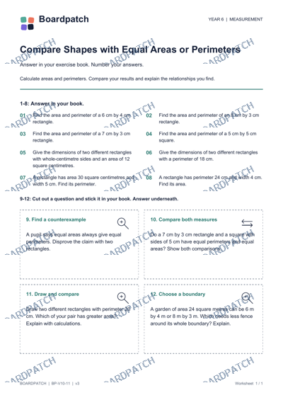 Worksheet preview: Compare Shapes with Equal Areas or Perimeters