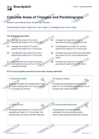 Worksheet preview: Calculate Areas of Triangles and Parallelograms