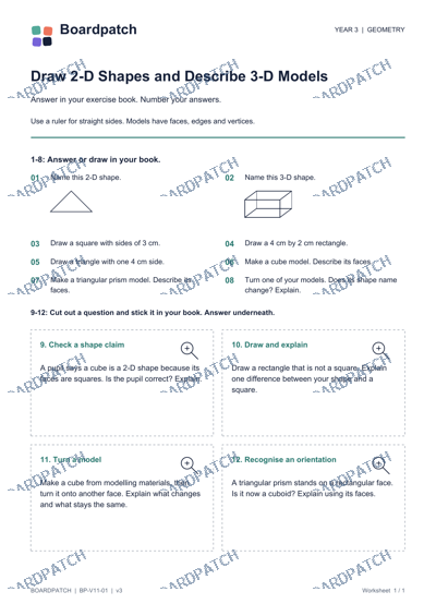 Worksheet preview: Draw 2-D Shapes and Describe 3-D Models
