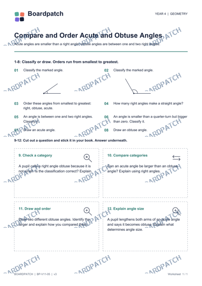 Worksheet preview: Compare and Order Acute and Obtuse Angles