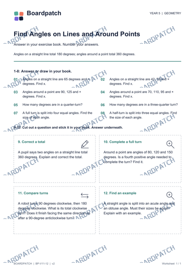 Worksheet preview: Find Angles on Lines and Around Points