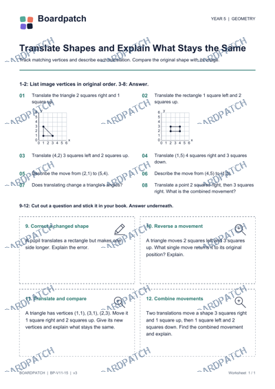 Worksheet preview: Translate Shapes and Explain What Stays the Same
