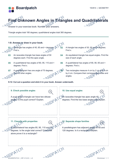 Worksheet preview: Find Unknown Angles in Triangles and Quadrilaterals