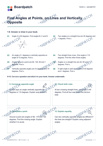 Worksheet preview: Find Angles at Points, on Lines and Vertically Opposite