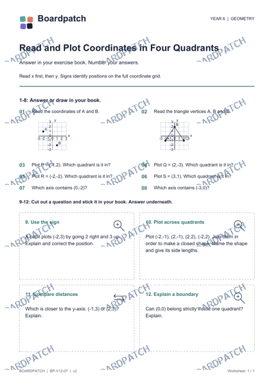 Worksheet preview: Read and Plot Coordinates in Four Quadrants