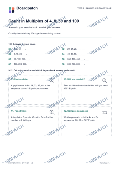 Worksheet preview: Count in Multiples of 4, 8, 50 and 100
