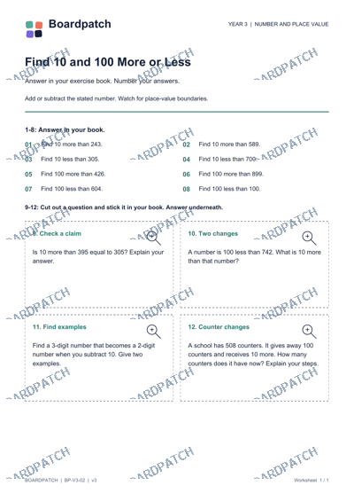 Worksheet preview: Find 10 and 100 More or Less