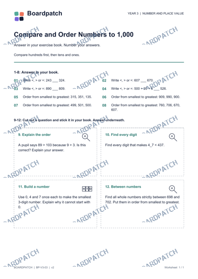 Worksheet preview: Compare and Order Numbers to 1,000