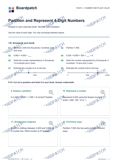 Worksheet preview: Partition and Represent 4-Digit Numbers