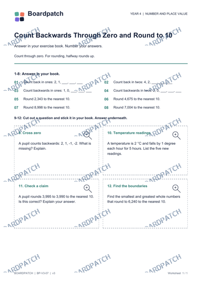 Worksheet preview: Count Backwards Through Zero and Round to 10