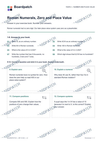Worksheet preview: Roman Numerals, Zero and Place Value