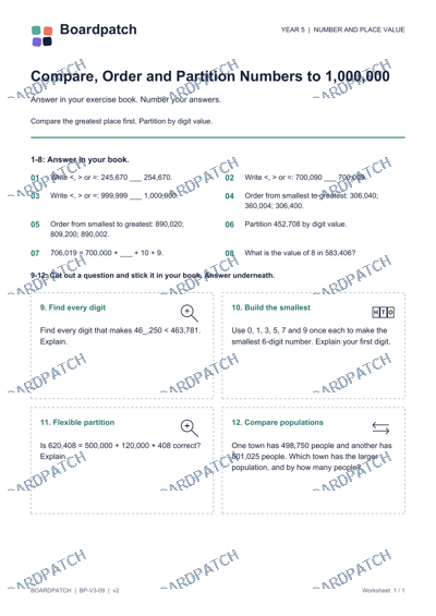 Worksheet preview: Compare, Order and Partition Numbers to 1,000,000