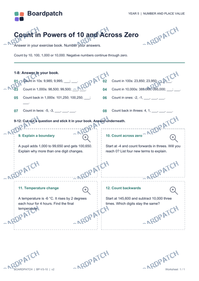 Worksheet preview: Count in Powers of 10 and Across Zero