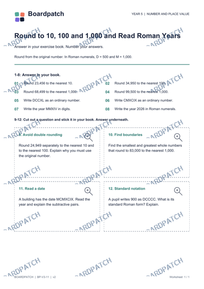 Worksheet preview: Round to 10, 100 and 1,000 and Read Roman Years